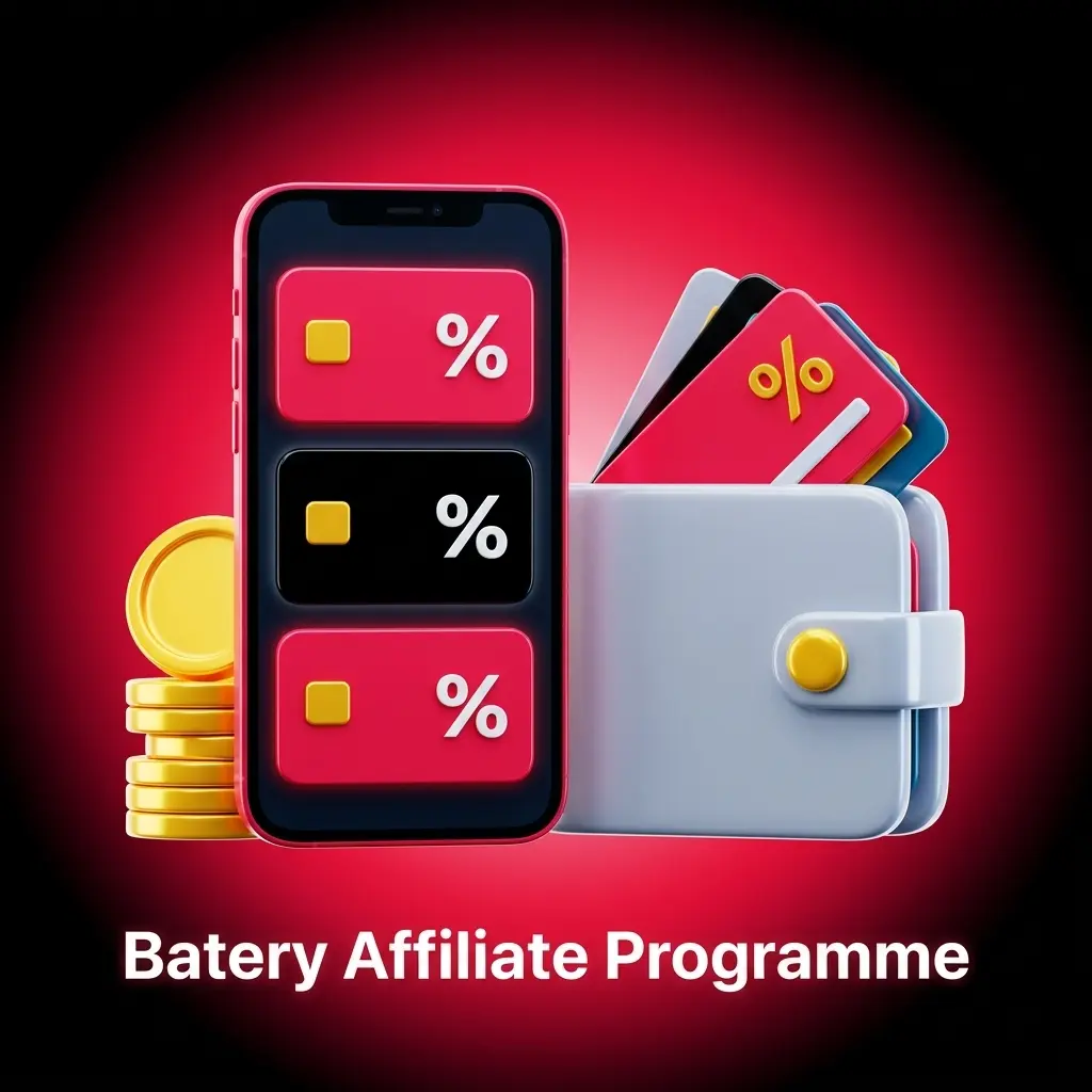 Batery affiliate programme dashboard showing commission structures, payment options, and partner registration for India and tier-1 markets