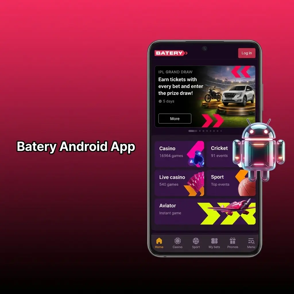 Batery Android app download screen showing sports betting and casino access for Indian users on mobile device