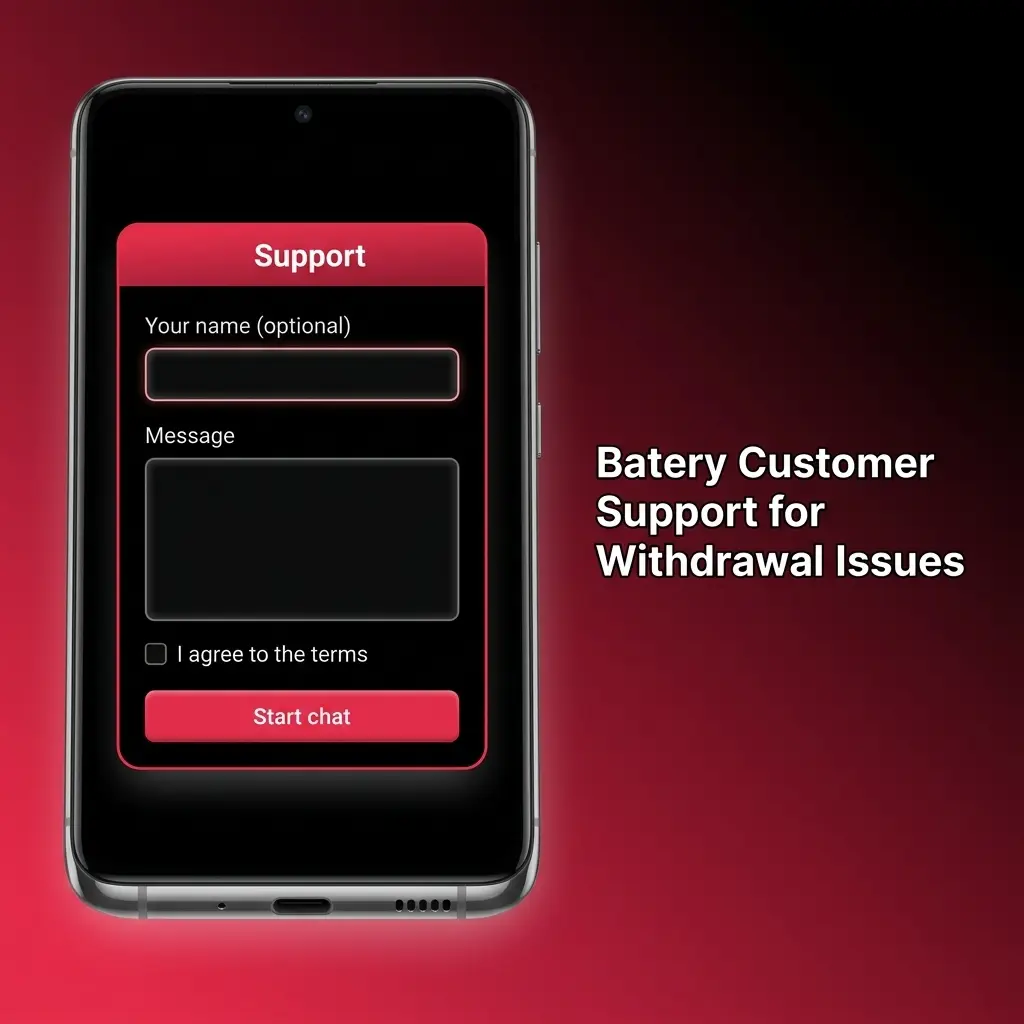 Batery customer support options for withdrawal issues including live chat, email, and Telegram contact methods