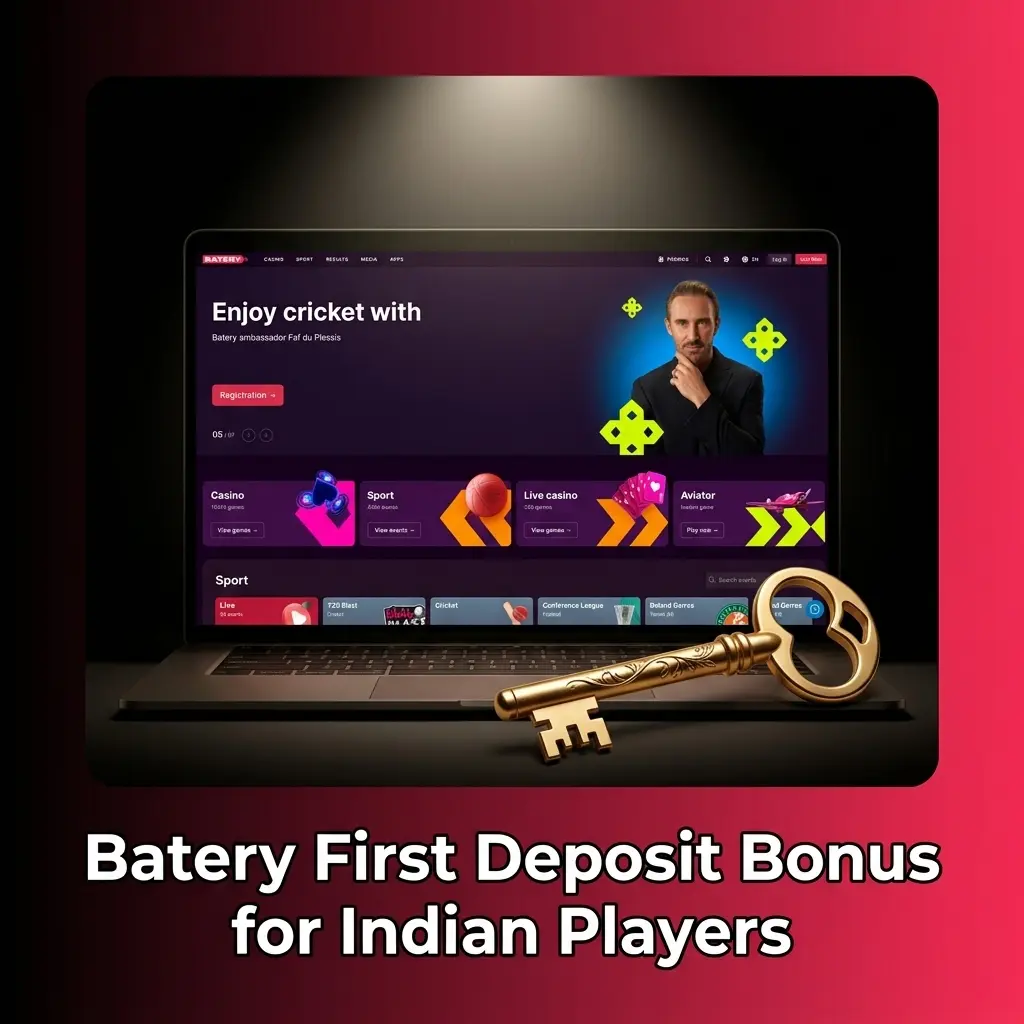 Batery first deposit bonus options for Indian players showing four welcome offers including casino slots and sports betting rewards