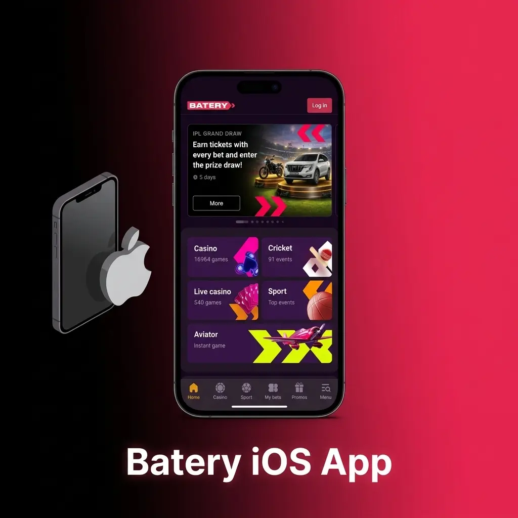 Batery iOS app interface on iPhone showing sports betting and live casino features available on Apple devices