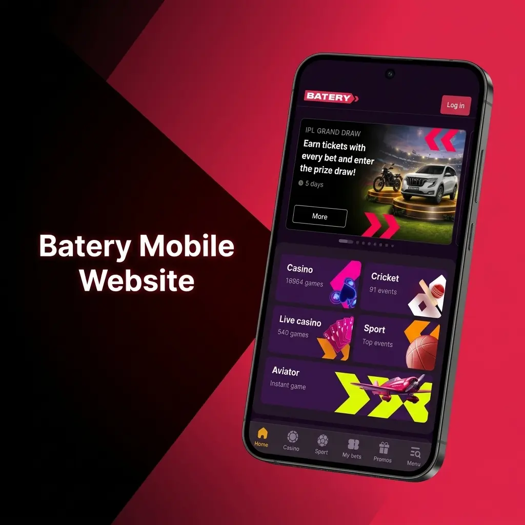 Batery mobile website loaded on a smartphone browser showing sports betting and casino features for India players