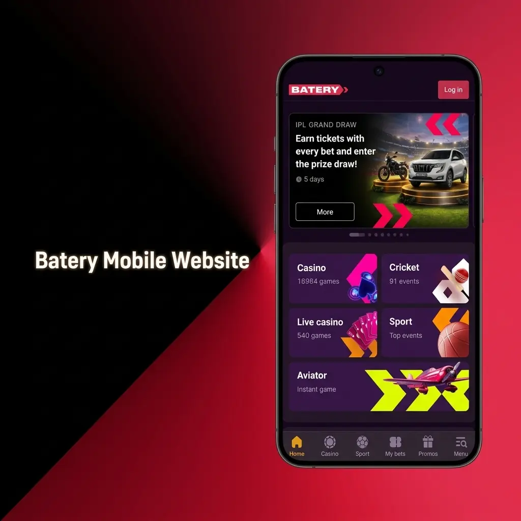 Batery mobile website on smartphone browser showing sports betting and casino features for Android and iOS users