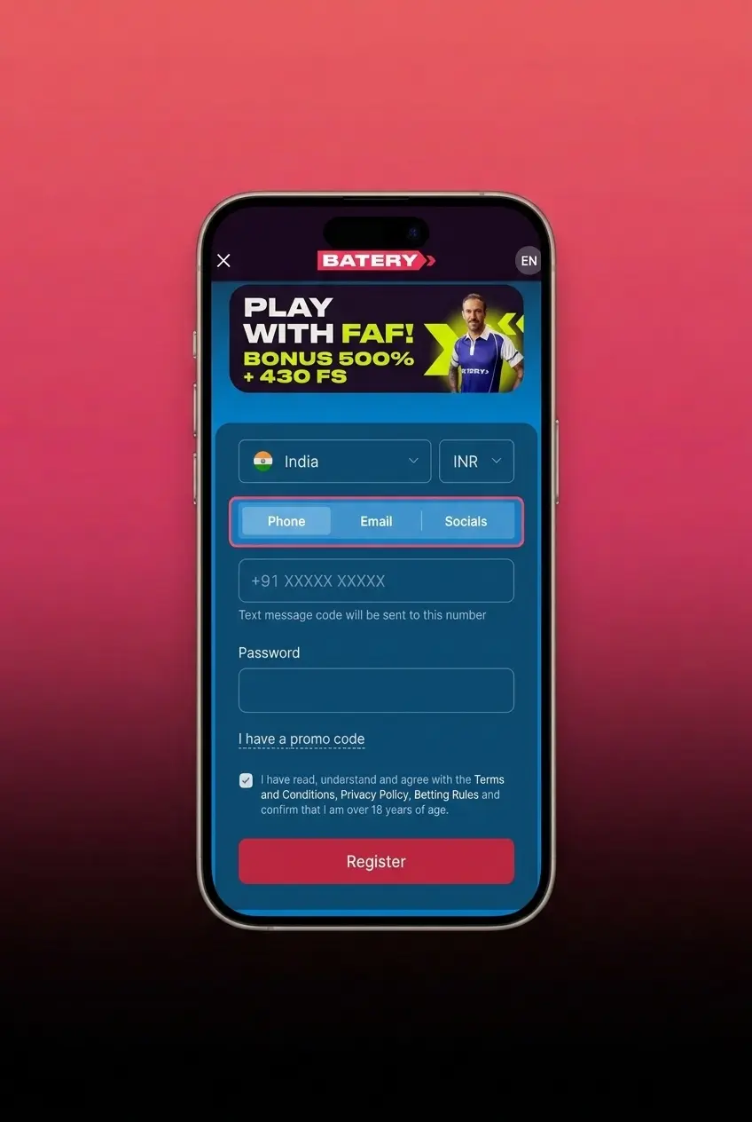 Batery sign up steps showing 5-step registration process including form, verification, bonus selection, and deposit in INR