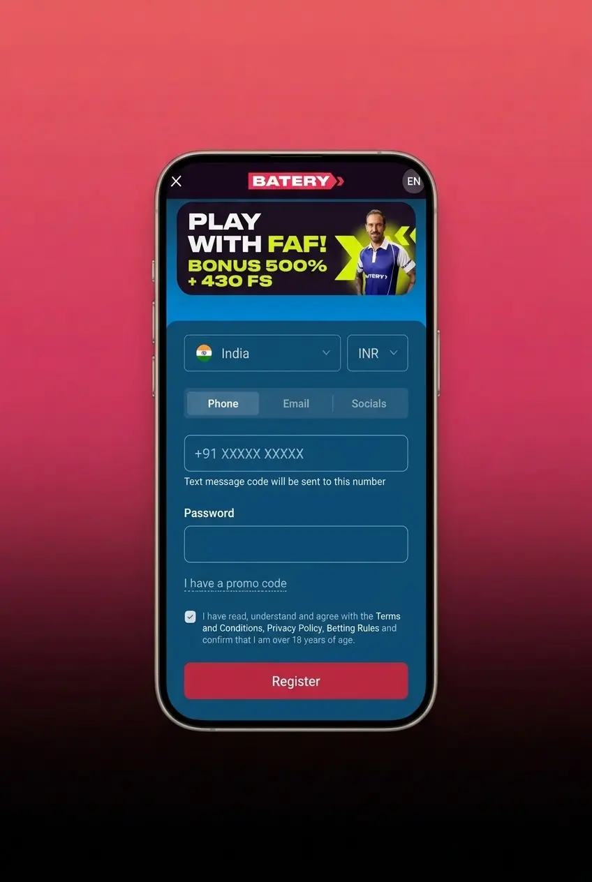 Batery sign up form showing 5 steps from registration to first deposit to activate welcome bonus in INR