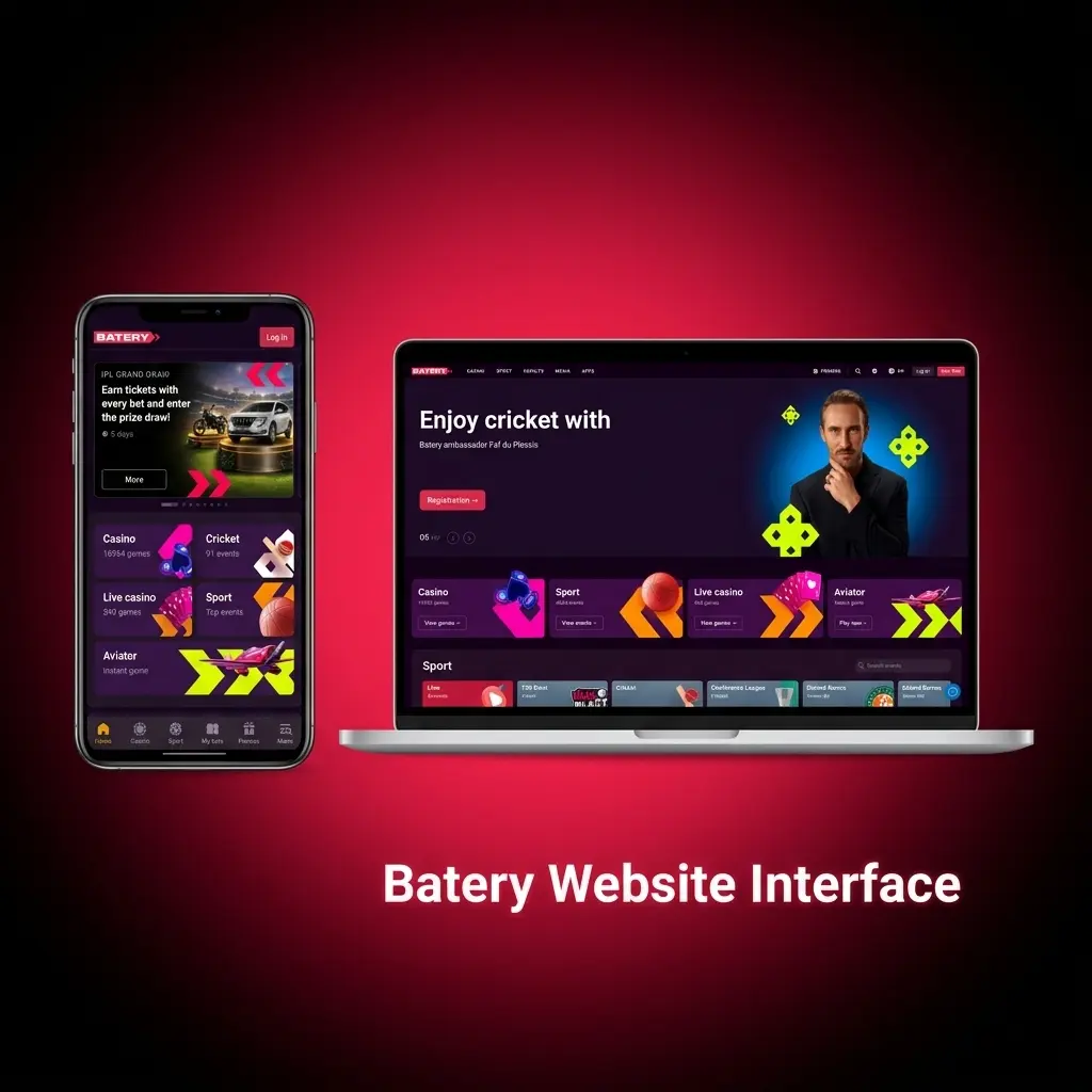 Batery website interface showing top navigation bar with Sports, Live, Casino, Cybersports, Aviator, language selector, and deposit button