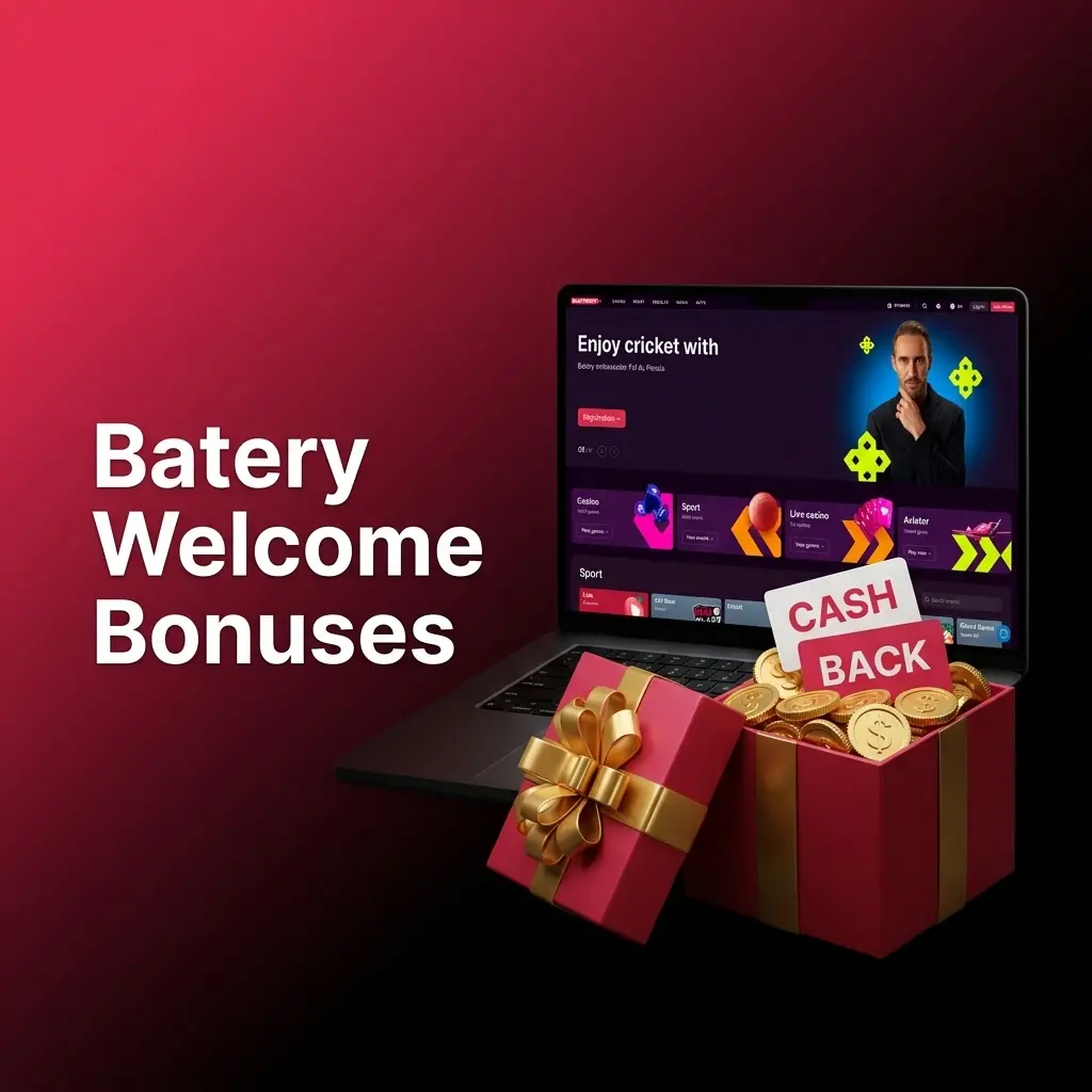 Batery casino welcome bonus table showing four offers with match percentages, max amounts, free spins, and wagering requirements