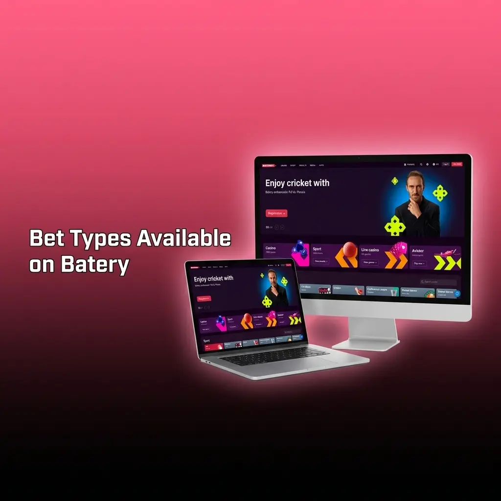 Diagram showing Batery bet types: Single, Express Accumulator, and System bets with their structures and payout rules