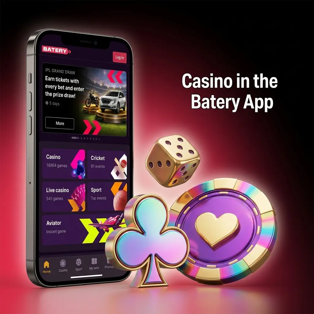 Batery casino app home screen showing live dealer games, slots, and table games for Indian players