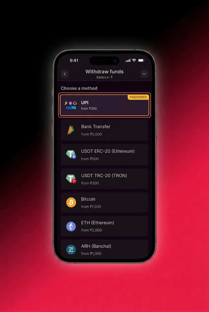 Batery withdrawal steps guide showing UPI, PhonePe, GPay, Paytm and crypto options with 500 INR minimum limit