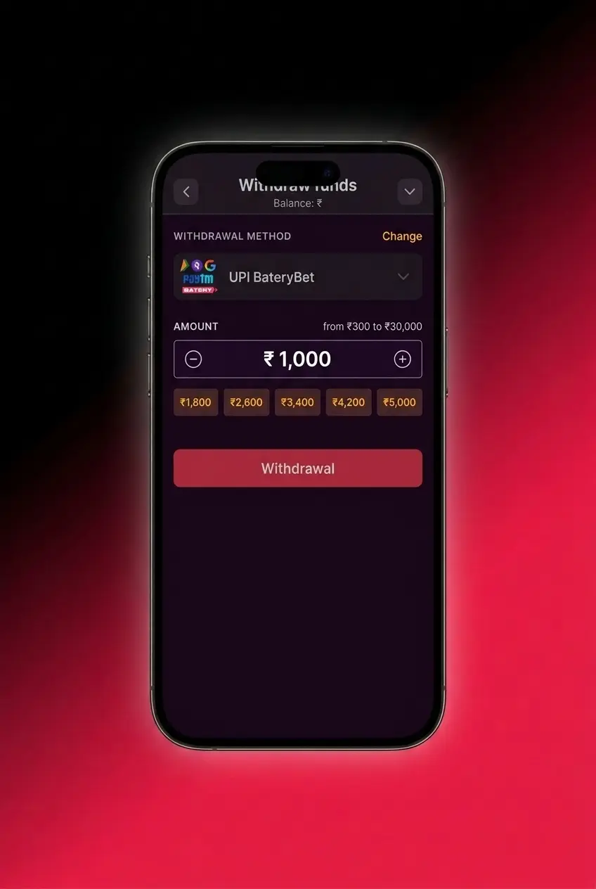 Batery withdrawal steps guide showing UPI, PhonePe, GPay, Paytm, and crypto options with 500 INR minimum limit