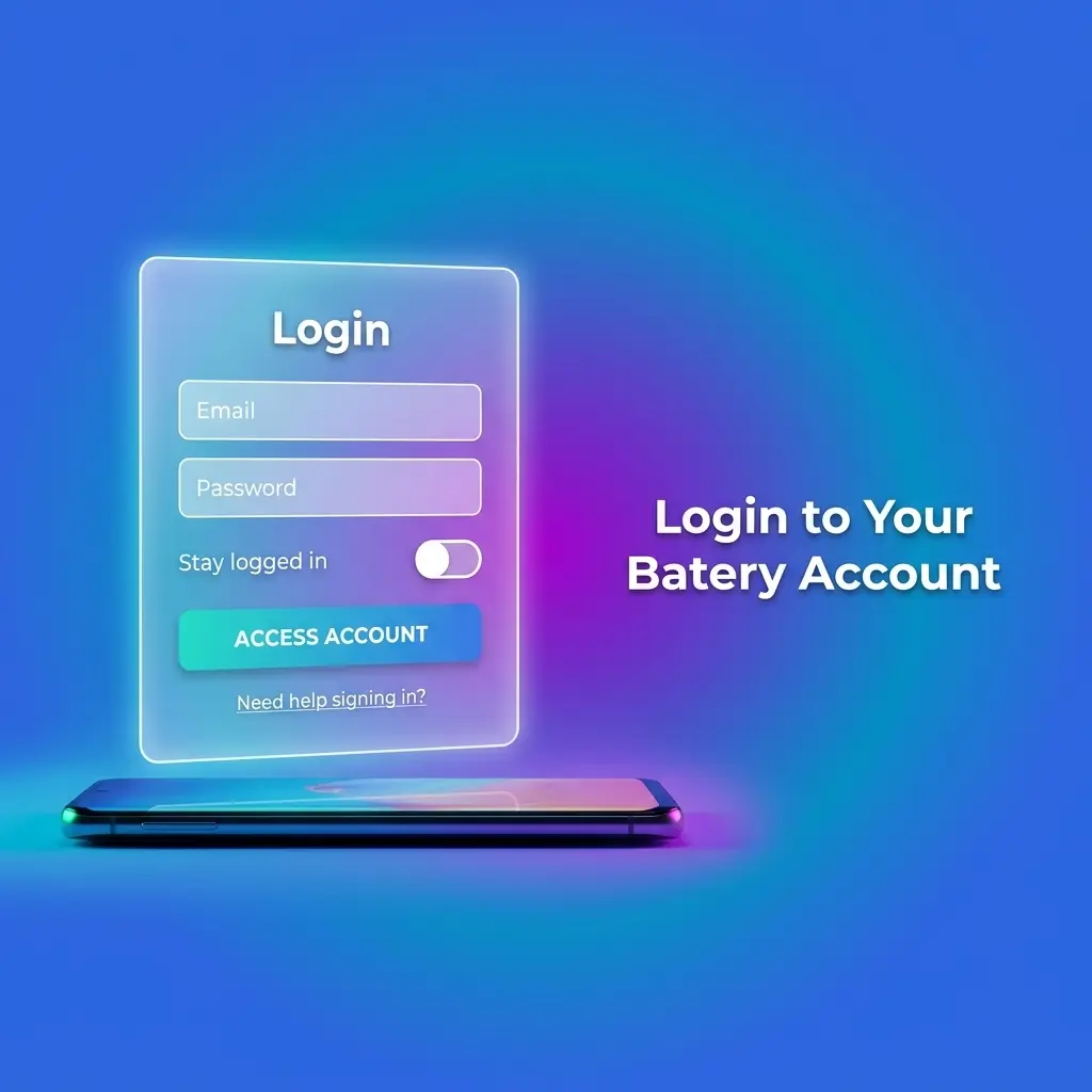 Batery account login screen showing email and password fields with sign in button on desktop and Android app
