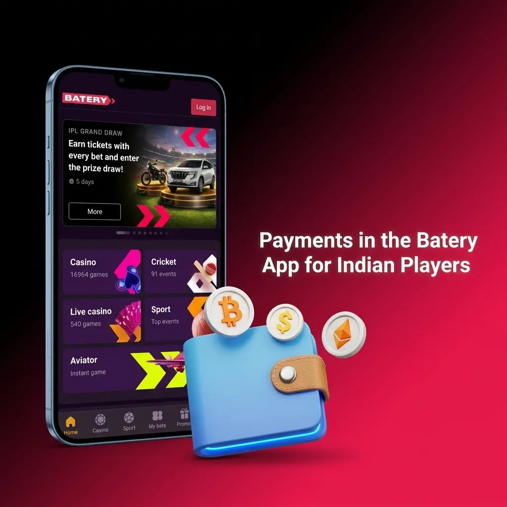 Batery app payment methods for Indian players including UPI, PhonePe, Google Pay, PayTM, Net Banking, and crypto options
