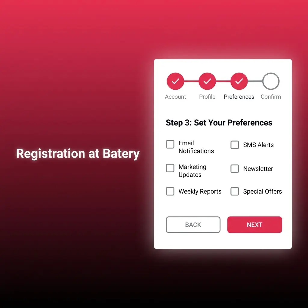 Batery registration form showing sign-up steps for Indian users with INR currency selection and account activation process