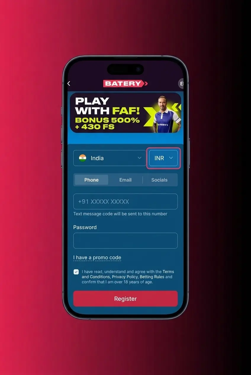 Batery app registration screen showing 5-step signup process for Indian users with UPI and crypto deposit options