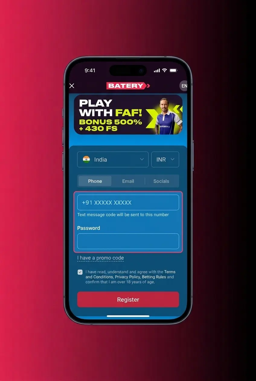 Batery app registration screen showing 5-step signup process for Indian users with UPI and crypto deposit options