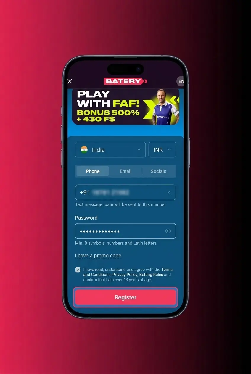 Batery app registration screen showing 5-step signup process for Indian users with UPI and crypto deposit options