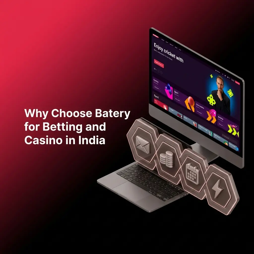 Batery betting platform India showing casino games, sports betting, INR payments, and 24/7 Hindi support features